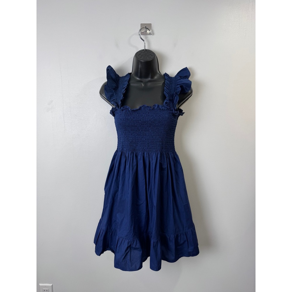 Hill House Women Navy Blue The Nap Dress Smocked Ruffle Mini Small